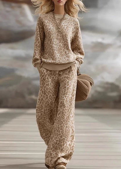 French Light Brown Leopard Patchwork Pullover And Wide Leg Pants Two Pieces Set Fall
