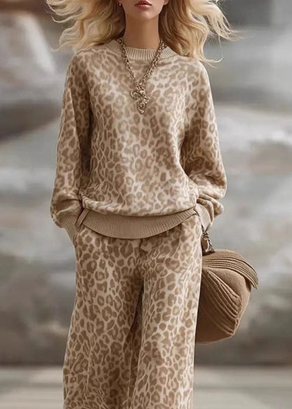 French Light Brown Leopard Patchwork Pullover And Wide Leg Pants Two Pieces Set Fall