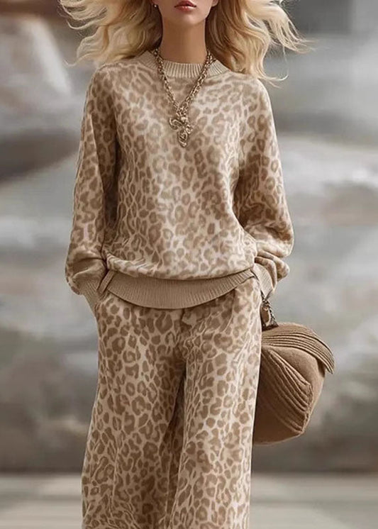 French Light Brown Leopard Patchwork Pullover And Wide Leg Pants Two Pieces Set Fall
