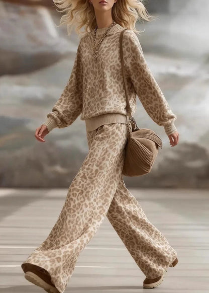 French Light Brown Leopard Patchwork Pullover And Wide Leg Pants Two Pieces Set Fall