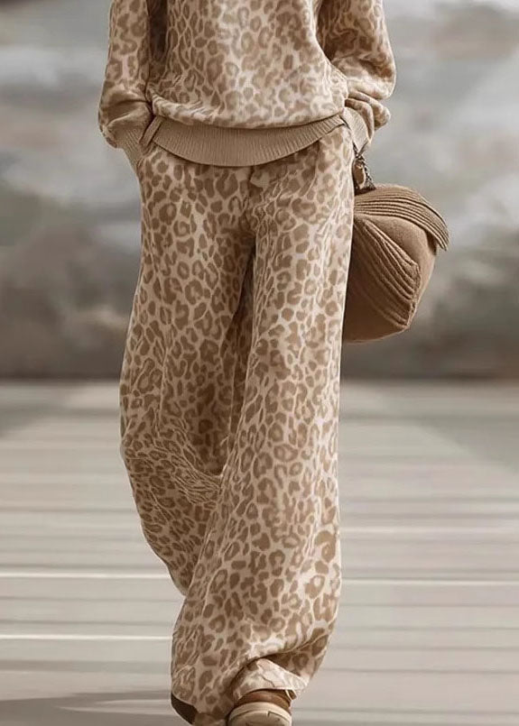 French Light Brown Leopard Patchwork Pullover And Wide Leg Pants Two Pieces Set Fall