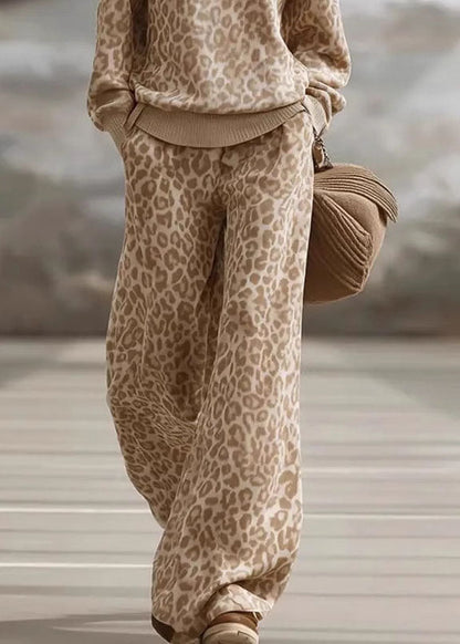French Light Brown Leopard Patchwork Pullover And Wide Leg Pants Two Pieces Set Fall