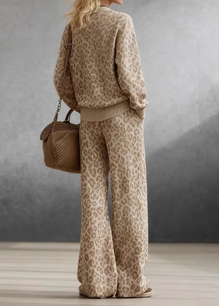 French Light Brown Leopard Patchwork Pullover And Wide Leg Pants Two Pieces Set Fall
