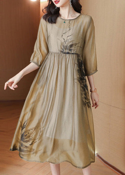 French Light Brown O Neck Print Wrinkled Patchwork Chiffon Dresses Summer
