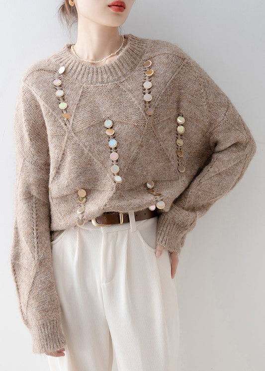 French Light Camel O Neck Sequins Knit Sweater Spring