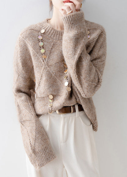 French Light Camel O Neck Sequins Knit Sweater Spring