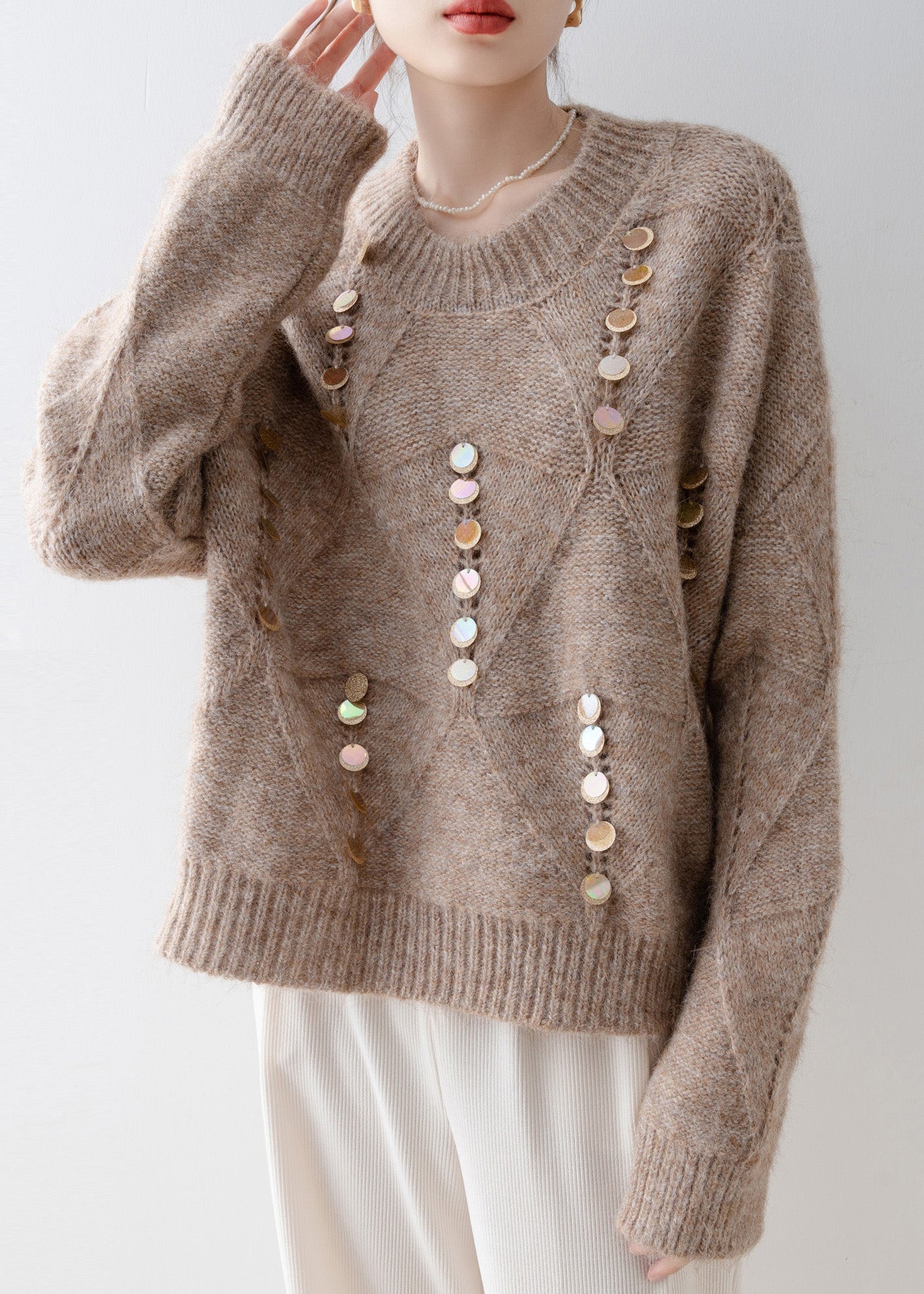 French Light Camel O Neck Sequins Knit Sweater Spring