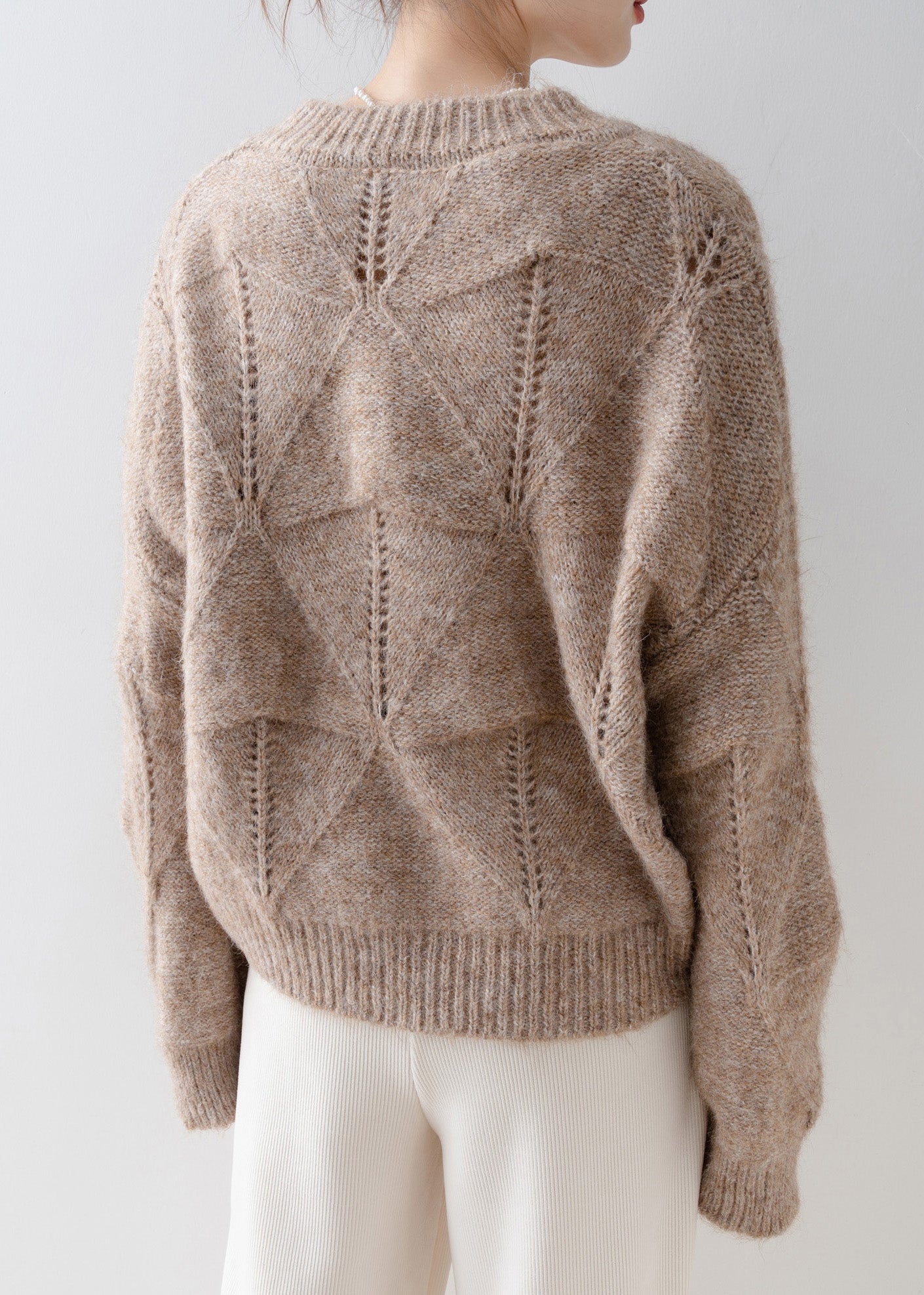 French Light Camel O Neck Sequins Knit Sweater Spring