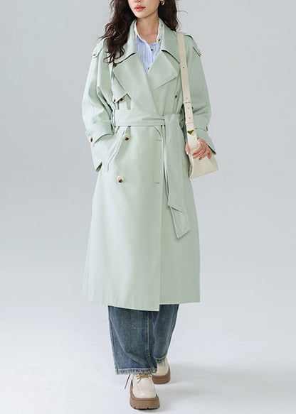 French Light Green Double Breast Tie Waist Cotton Trench Spring