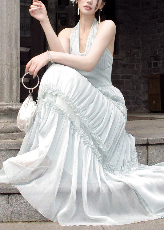 French Light Green Halter Ruffled Wrinkled Tulle Long Dresses Sleeveless