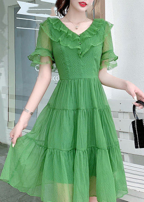 French Light Green V Neck Ruffled Patchwork Silk Dresses Summer