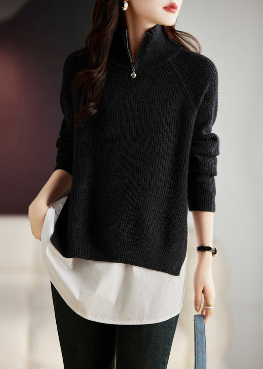 French Light Grey Side Open Patchwork Wool Sweaters Winter