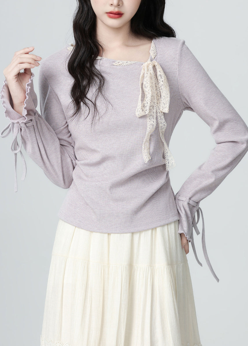 French Light Purple Lace Bow Lace Up Knit Top Spring