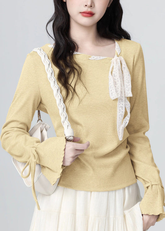 French Light Purple Lace Bow Lace Up Knit Top Spring