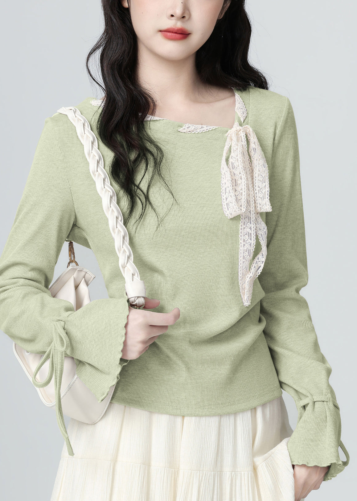 French Light Purple Lace Bow Lace Up Knit Top Spring