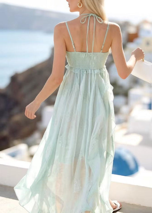 French Mint Green Ruffled Asymmetrical Design Spaghetti Strap Dress Summer