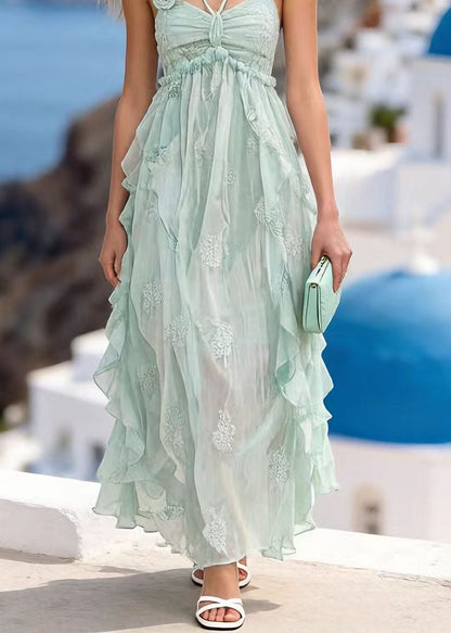 French Mint Green Ruffled Asymmetrical Design Spaghetti Strap Dress Summer