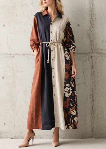 French Mixed Color Tie Waist Patchwork Cotton Shirt Dress Fall