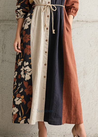 French Mixed Color Tie Waist Patchwork Cotton Shirt Dress Fall