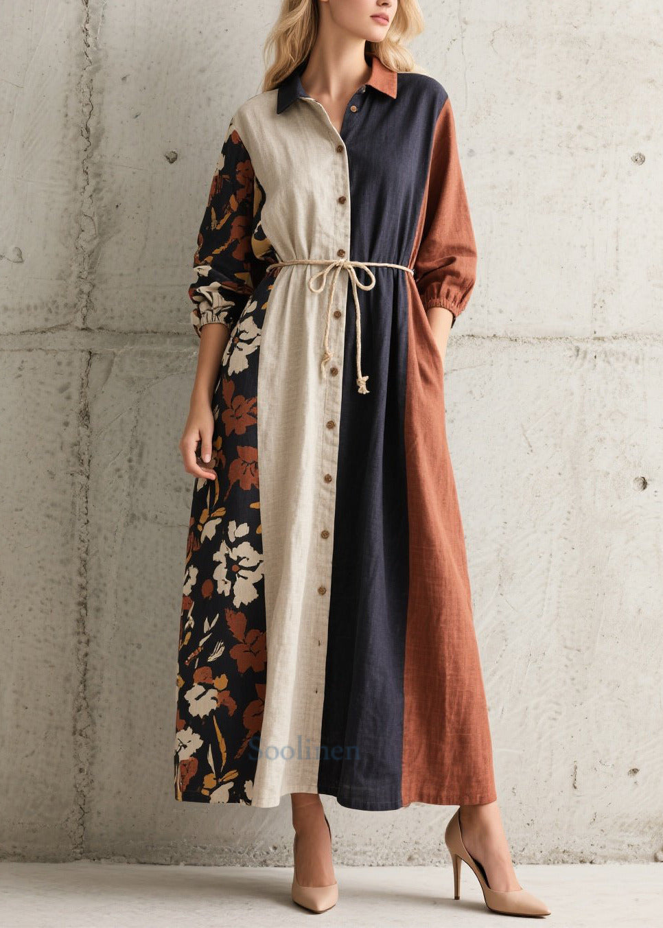 French Mixed Color Tie Waist Patchwork Cotton Shirt Dress Fall