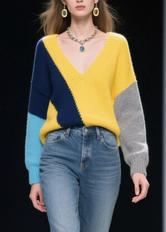 French Mixed Color V Neck Patchwork Cozy Sweaters Winter