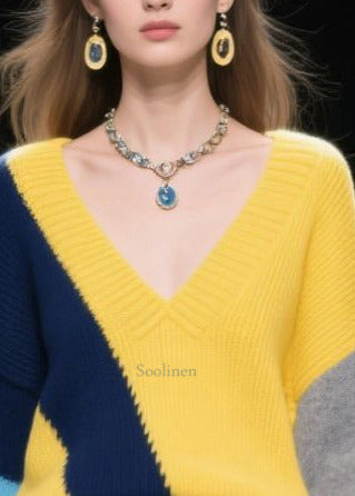 French Mixed Color V Neck Patchwork Cozy Sweaters Winter