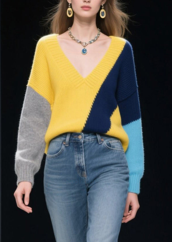 French Mixed Color V Neck Patchwork Cozy Sweaters Winter