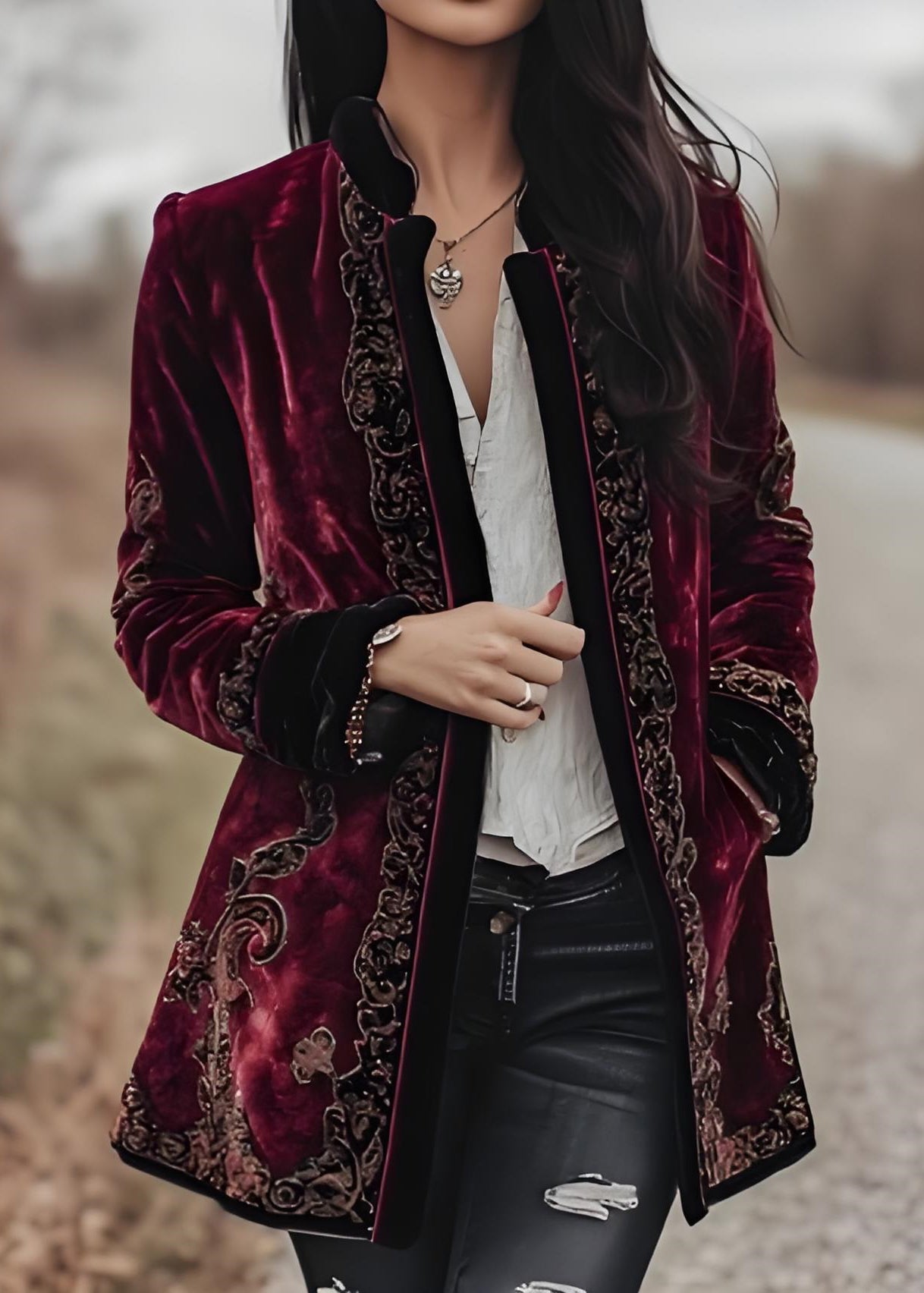 French Mulberry Embroidered Patchwork Velvet Coat Fall