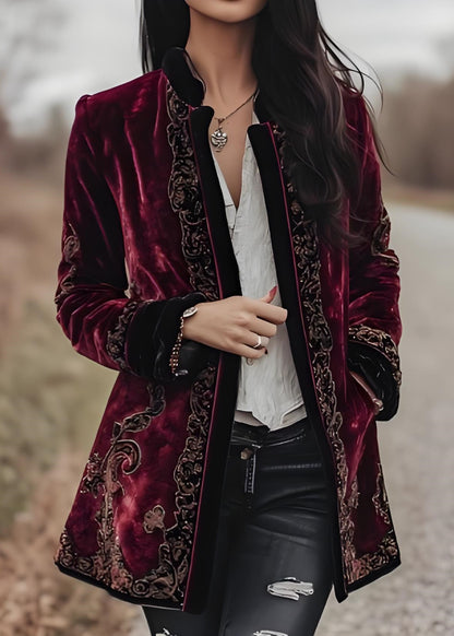 French Mulberry Embroidered Patchwork Velvet Coat Fall