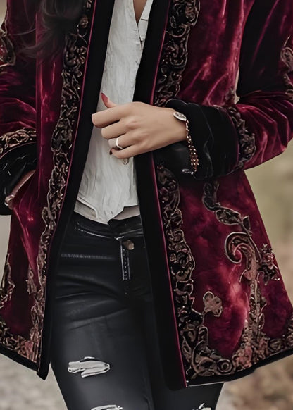 French Mulberry Embroidered Patchwork Velvet Coat Fall