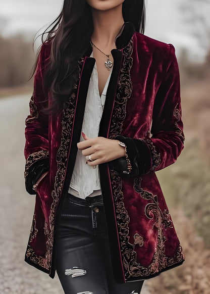French Mulberry Embroidered Patchwork Velvet Coat Fall