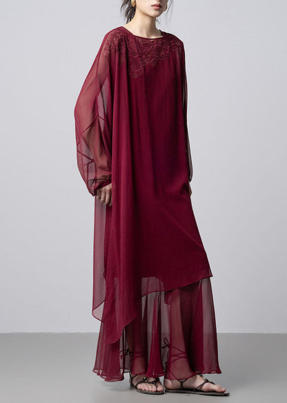 French Mulberry Embroidered Silk Two Pieces Set Fall