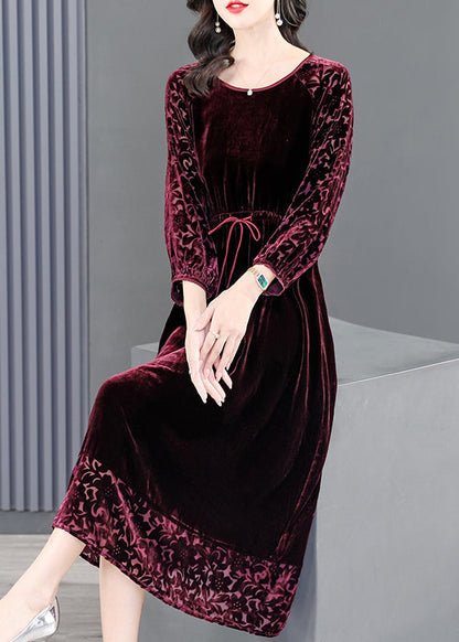 French Mulberry O Neck Drawstring Patchwork Silk Velour Dress Fall