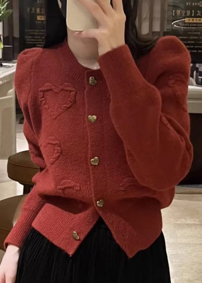 French Mulberry O Neck Jacquard Button Knit Cardigans Fall