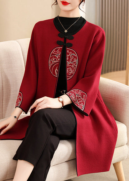 French Mulberry O-Neck Print Long Woolen Cardigans Spring