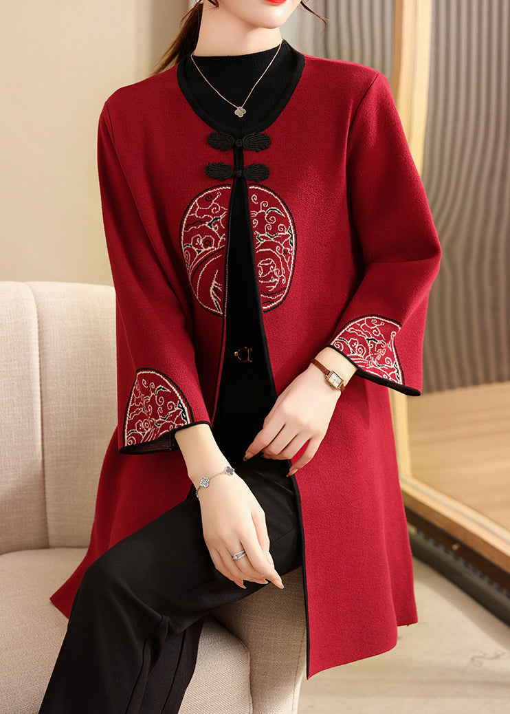 French Mulberry O-Neck Print Long Woolen Cardigans Spring
