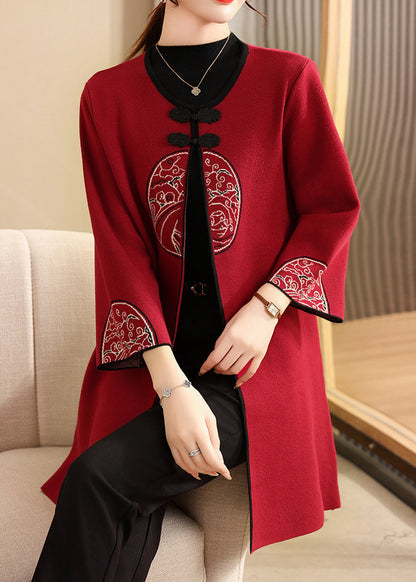 French Mulberry O-Neck Print Long Woolen Cardigans Spring