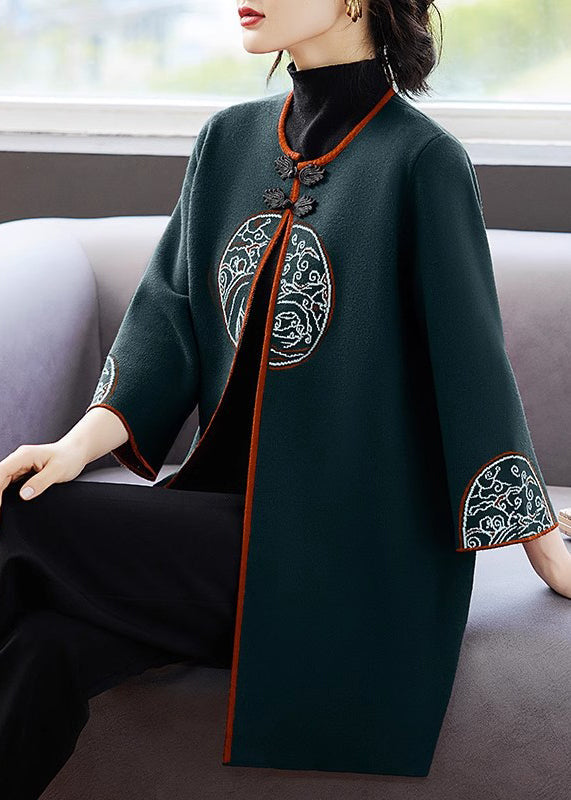 French Mulberry O-Neck Print Long Woolen Cardigans Spring