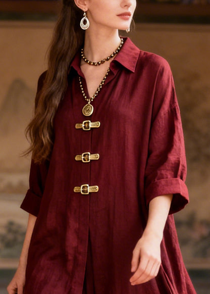French Mulberry Oversized Chinese Button Cotton Dresses Summer