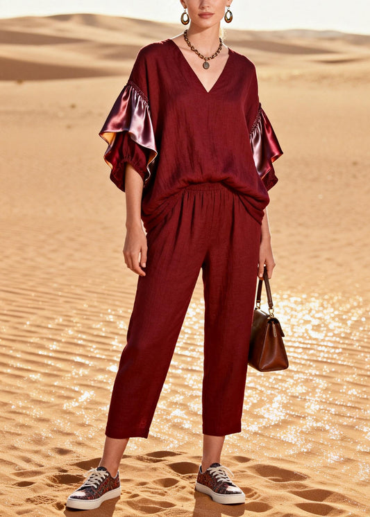 French Mulberry Oversized Patchwork Cotton Two Piece Suit Set Butterfly Sleeve