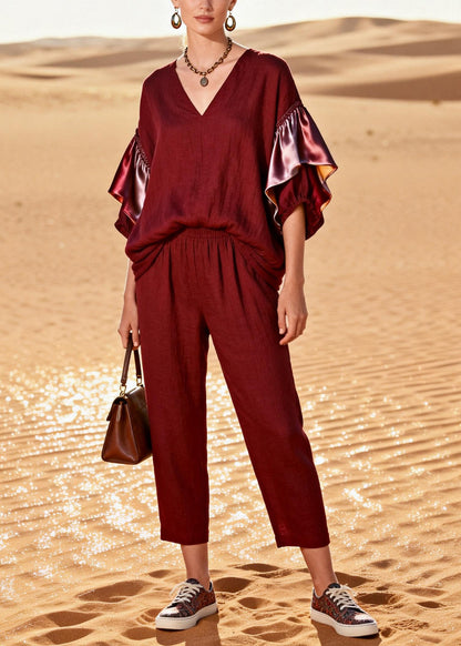 French Mulberry Oversized Patchwork Cotton Two Piece Suit Set Butterfly Sleeve