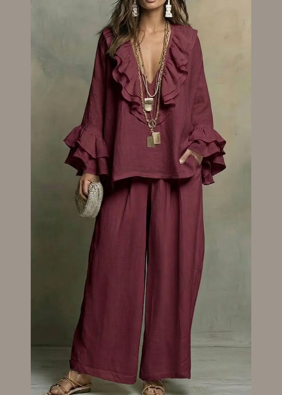 French Mulberry Ruffled Patchwork Top And Wide Leg Pants Two Pieces Set Flare Sleeve