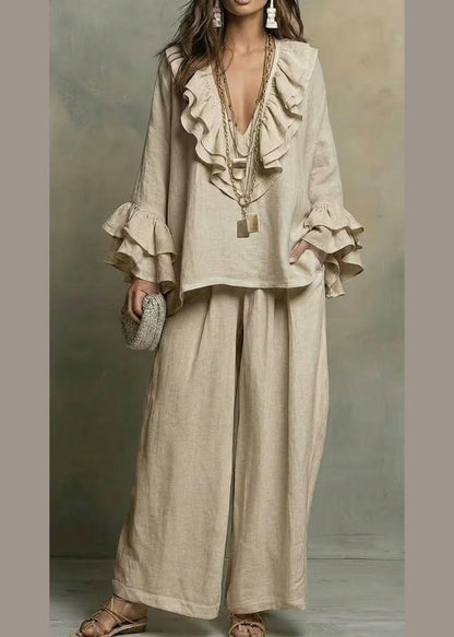 French Mulberry Ruffled Patchwork Top And Wide Leg Pants Two Pieces Set Flare Sleeve