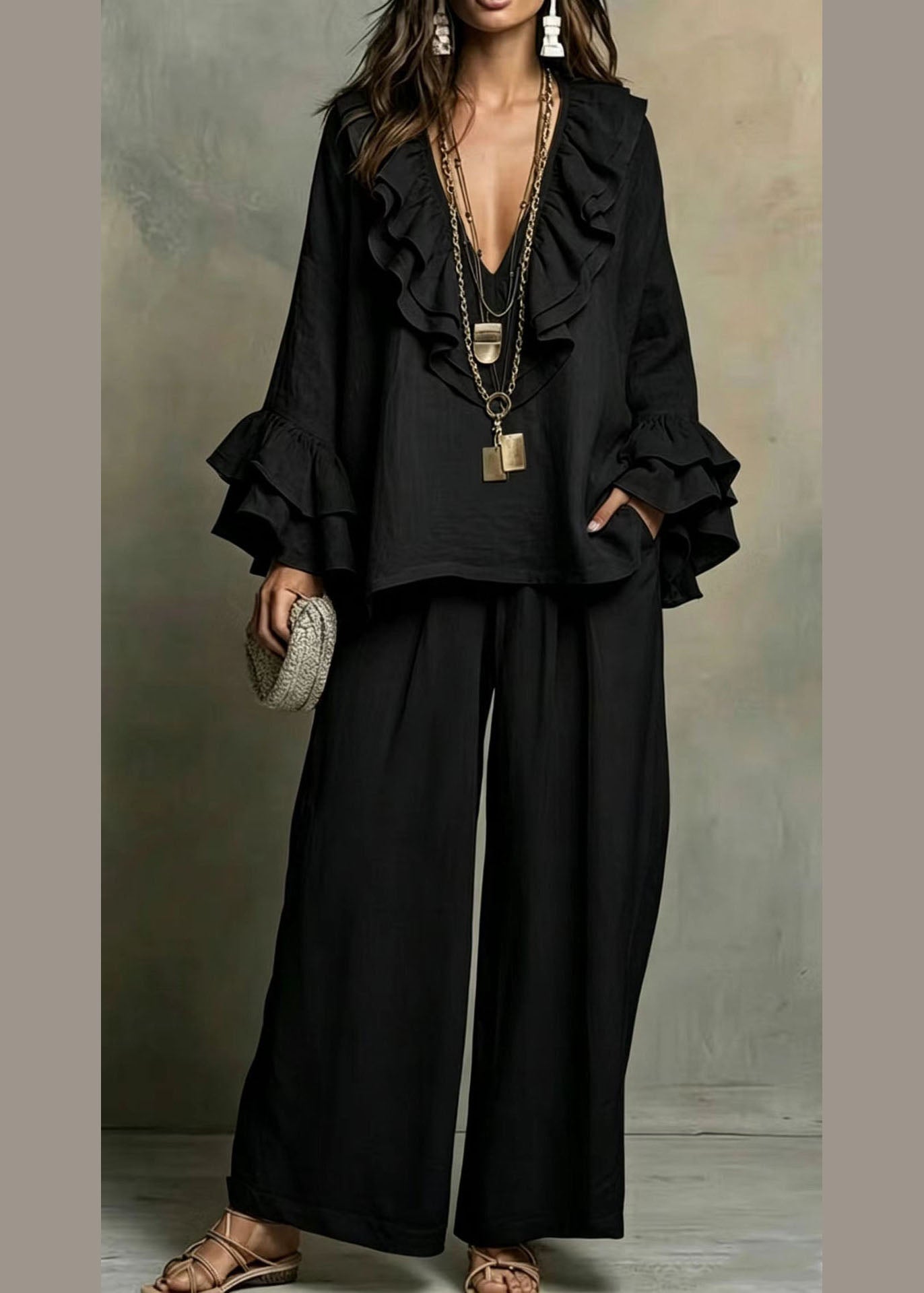 French Mulberry Ruffled Patchwork Top And Wide Leg Pants Two Pieces Set Flare Sleeve