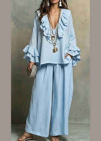 French Mulberry Ruffled Patchwork Top And Wide Leg Pants Two Pieces Set Flare Sleeve