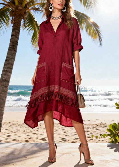 French Mulberry Tasseled Patchwork Cotton Vacation Dress Summer