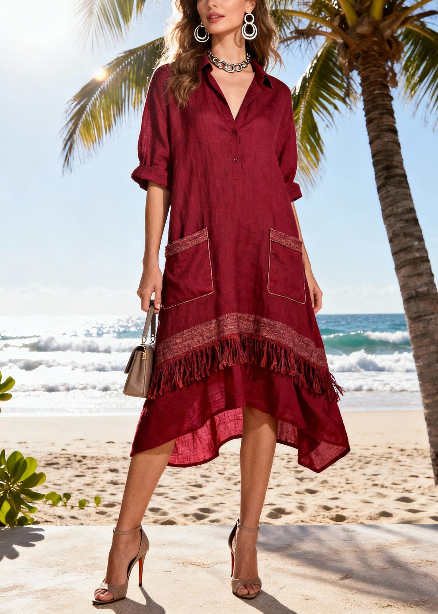 French Mulberry Tasseled Patchwork Cotton Vacation Dress Summer