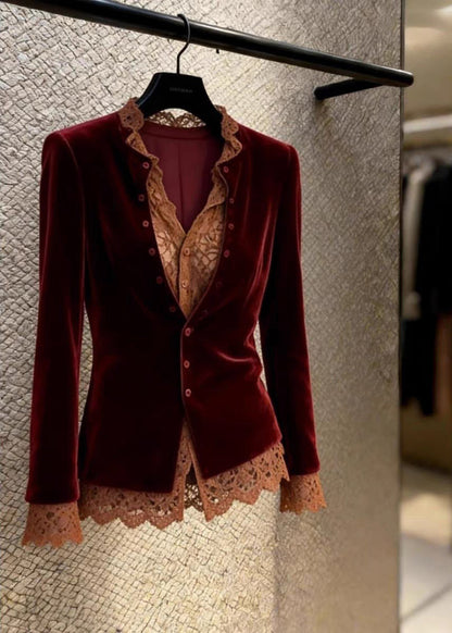 French Mulberry V Neck Lace Patchwork Silk Velour Shirt Spring