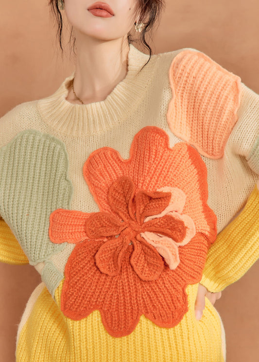 French Multicolor O-Neck Floral Knit Sweaters Spring