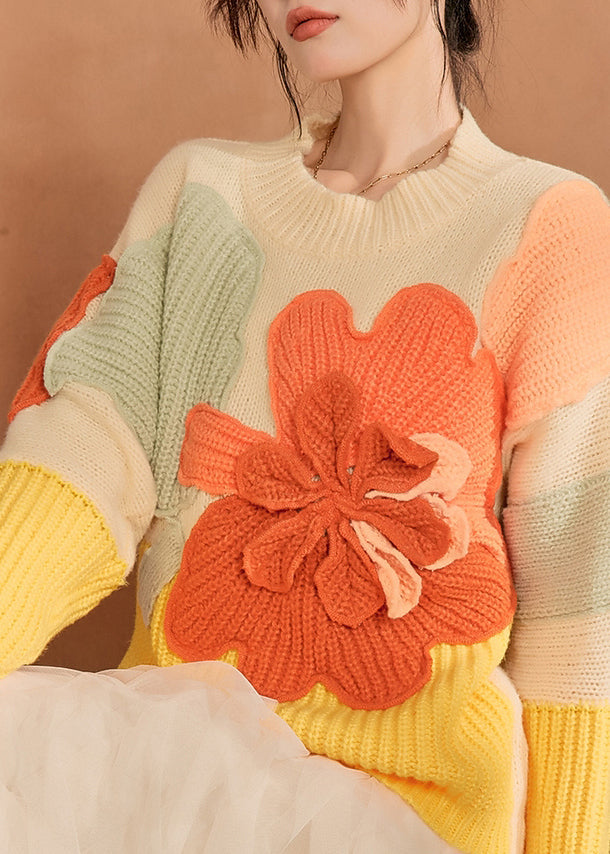French Multicolor O-Neck Floral Knit Sweaters Spring